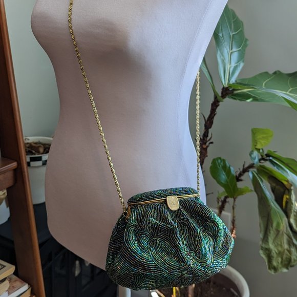 VINTAGE Green Beaded Mini Bag Shoulder Crossbody Clutch Convertible - Picture 11 of 16